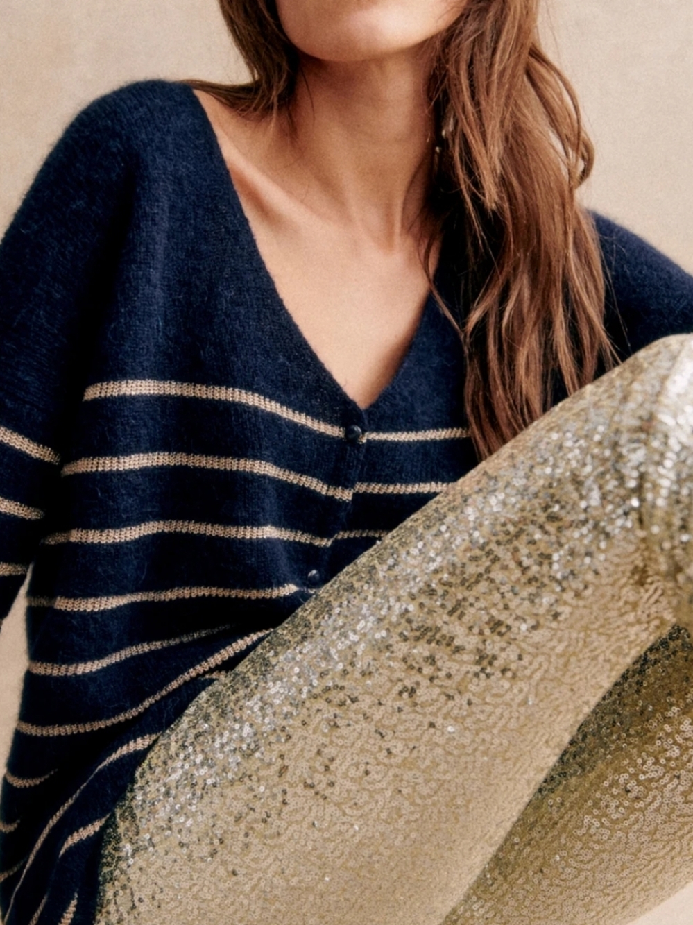 Nwt! Sezane Barry Cardigan In Navy And Gold Kid Mohair/ Baby Alpaca - Picture 2 of 8